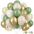 A large cluster of assorted balloons in sage green, beige, gold, and white with gold confetti.