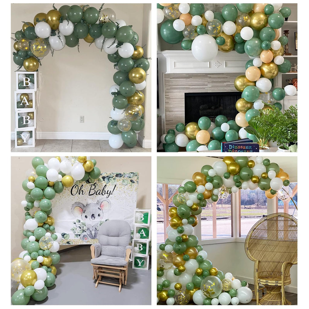 Sage green, beige, sand white, and gold balloon arch with confetti balloons for a baby shower.