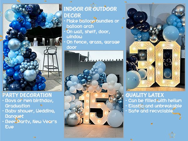 Collage of blue and silver balloon decorations for parties, including arches and numbers.