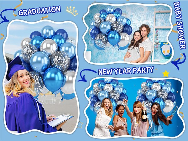 Collage of blue and silver balloons for celebrations like graduation, baby shower, and New Year's Eve party.