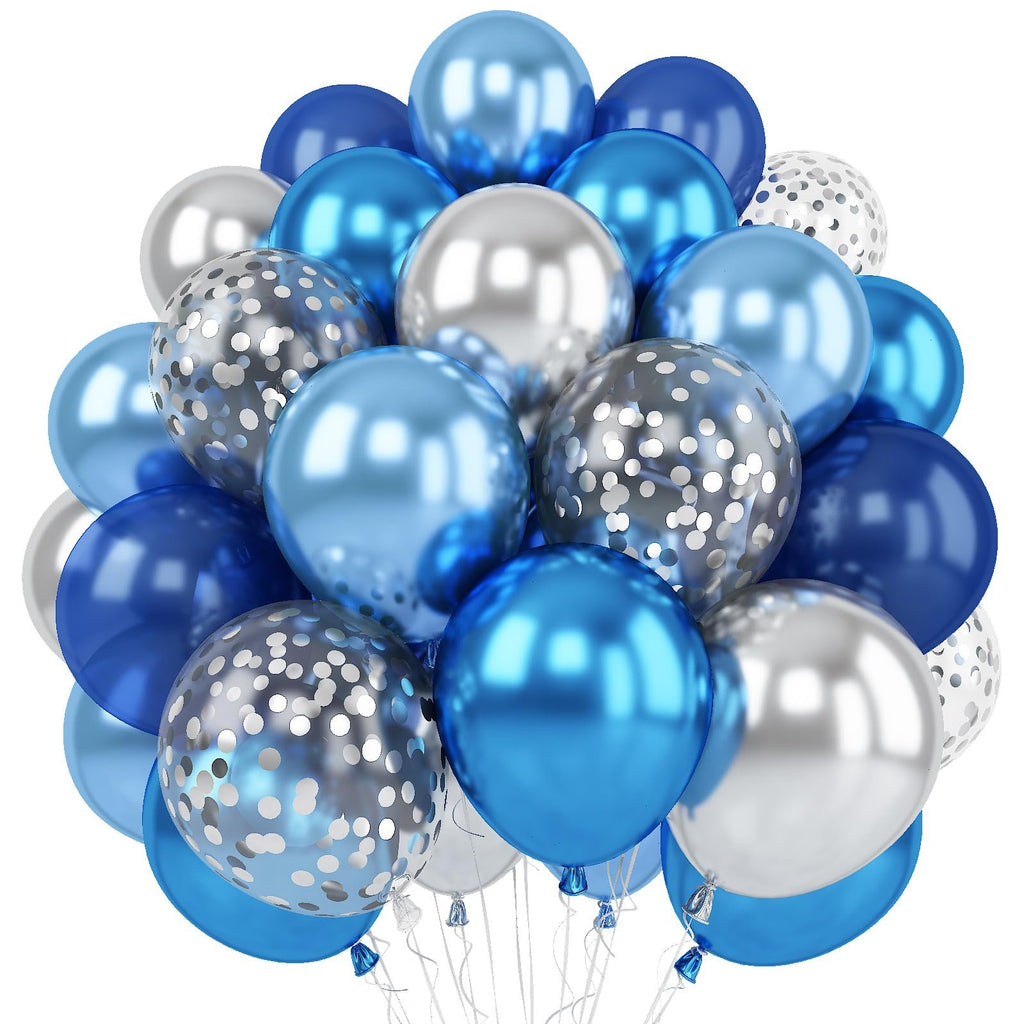 Cluster of blue, silver, and confetti balloons against a white background.