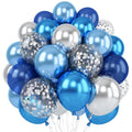 Cluster of blue, silver, and confetti balloons against a white background.