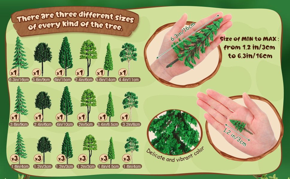 Collection of miniature green trees in various sizes and styles, with size and quantity callouts.