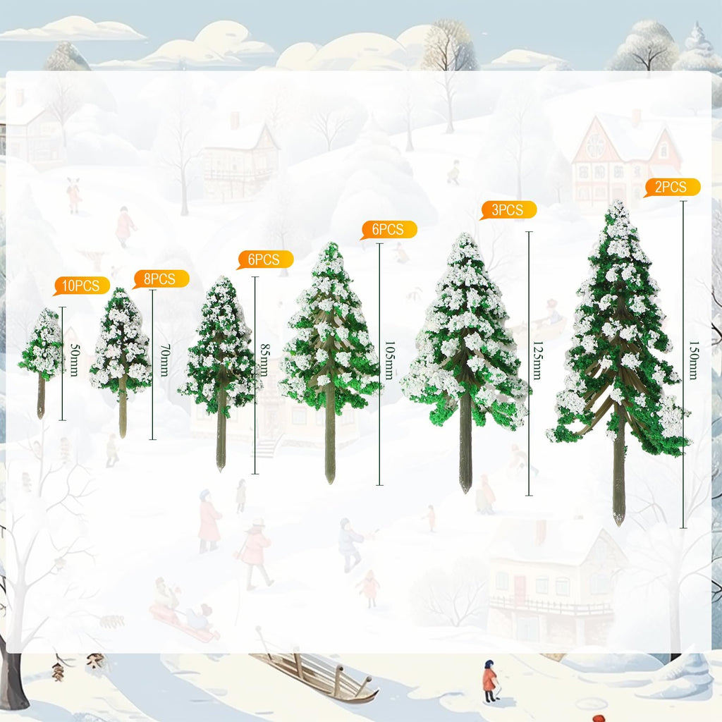 Assortment of miniature snowy pine trees with height and quantity labels, set against a winter village backdrop.