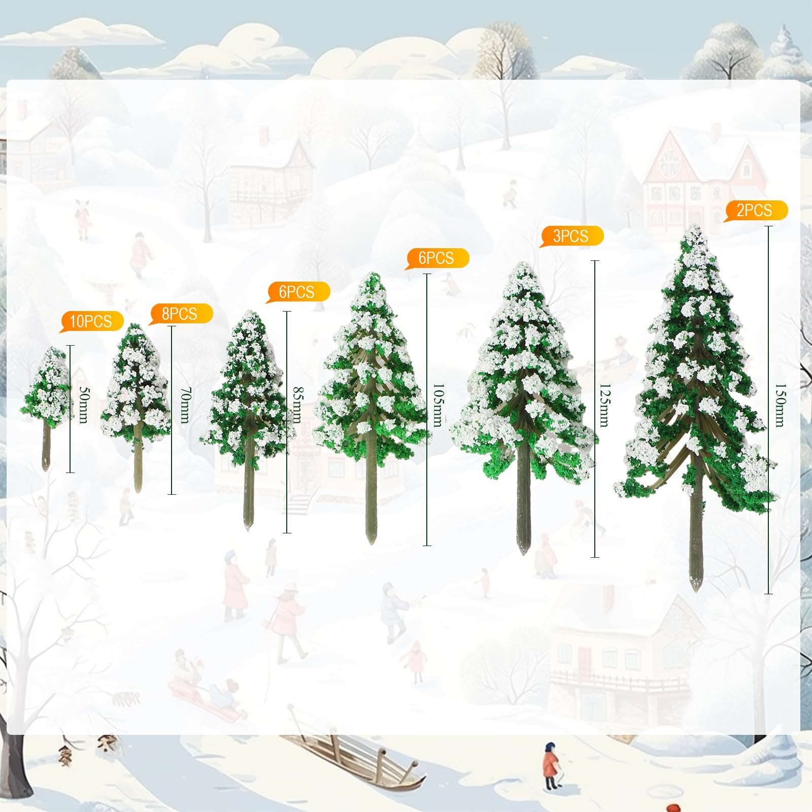 Assortment of miniature snowy pine trees with height and quantity labels, set against a winter village backdrop.