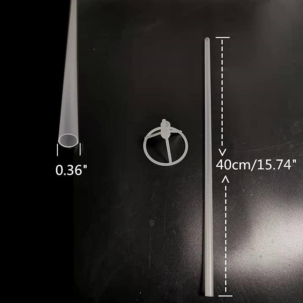 Clear plastic balloon stick and cup shown with dimensions 0.36 inches and 40cm/15.74 inches.