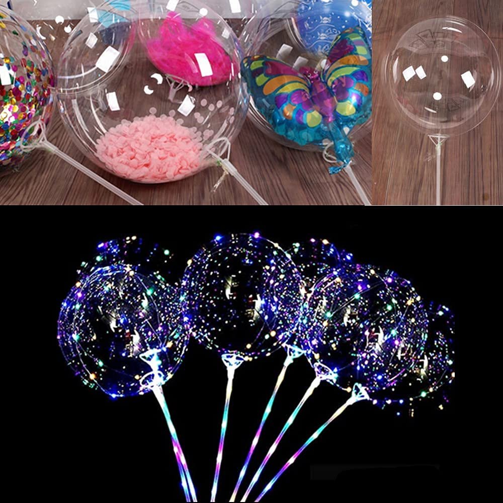 Clear plastic balloon sticks with cups holding decorated balloons and LED light-up balloons