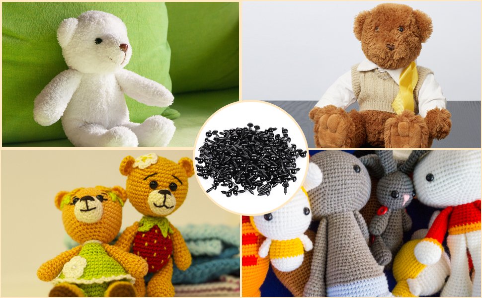 Collage of teddy bears and crocheted animals, with a central inset of black plastic safety eyes.