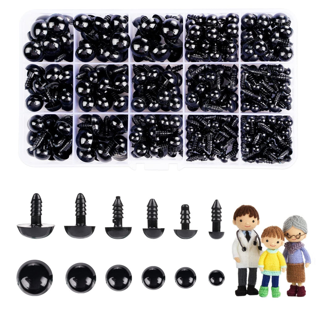 Assortment of black plastic safety eyes and washers in a divided container, with individual eyes and crochet figures below.