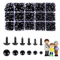 Assortment of black plastic safety eyes and washers in a divided container, with individual eyes and crochet figures below.