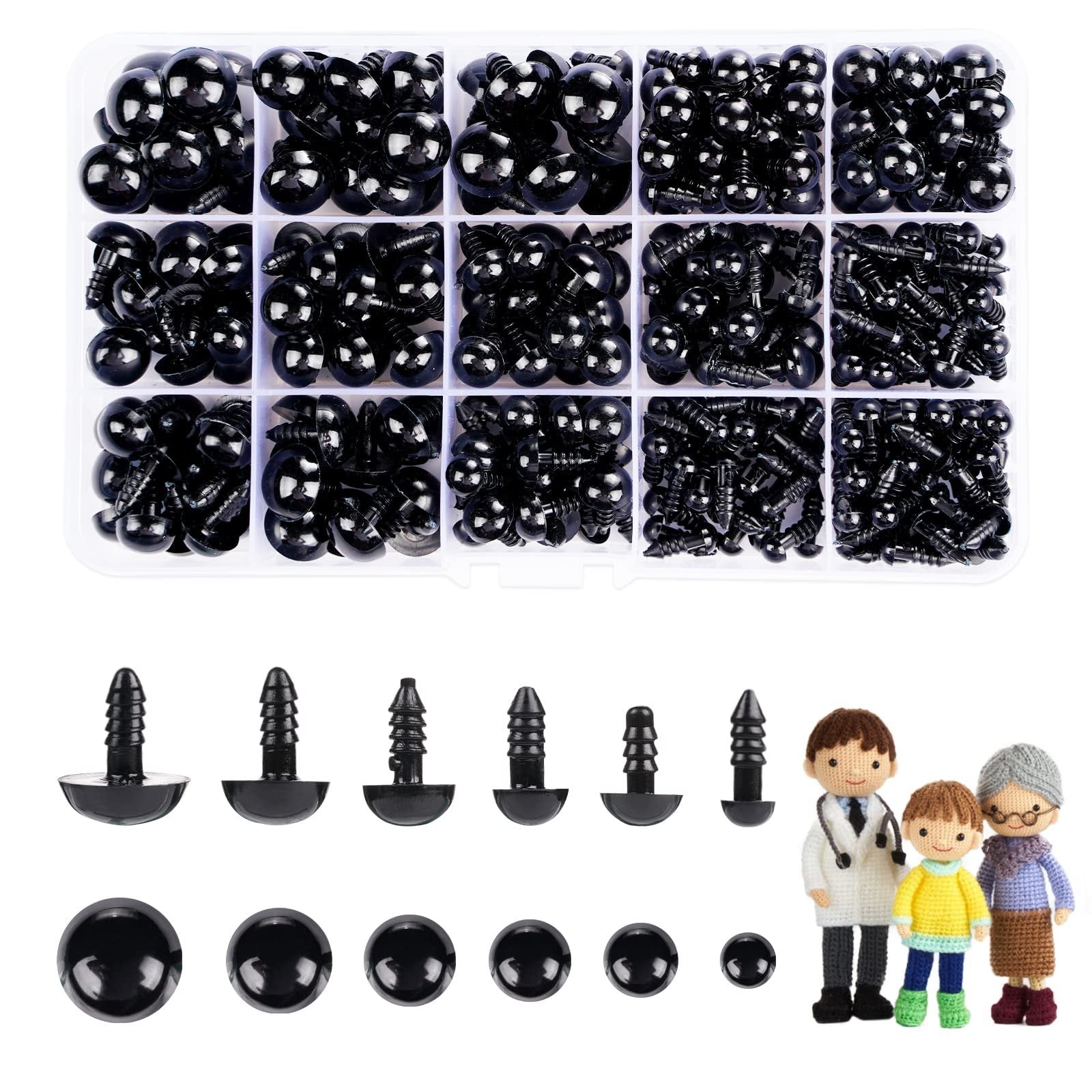 Assortment of black plastic safety eyes and washers in a divided container, with individual eyes and crochet figures below.