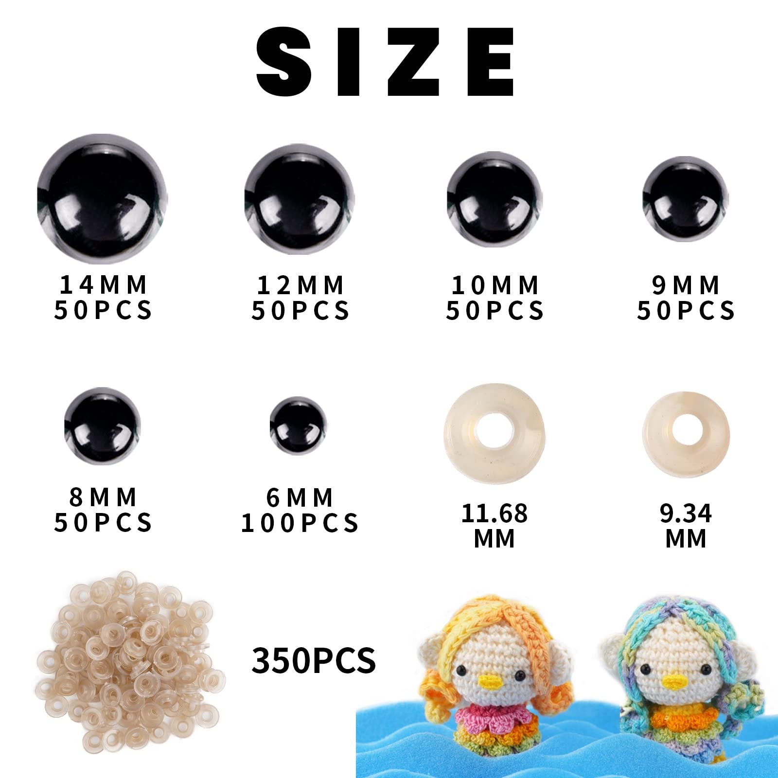 Assortment of black plastic safety eyes and washers in various sizes, with two crocheted figures.