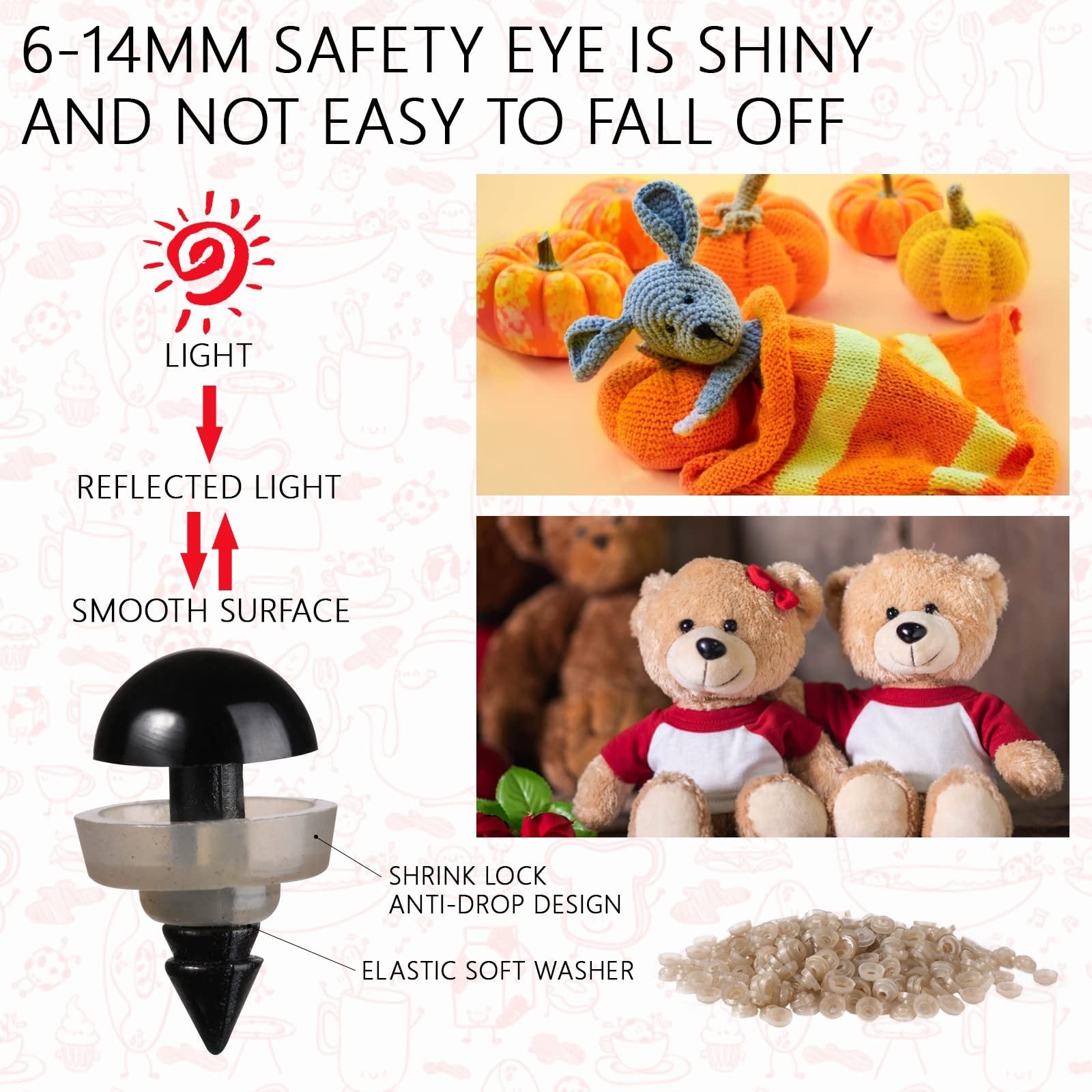 Black plastic safety eye with washer shown with diagrams explaining light reflection and anti-drop design, alongside crocheted bunny and teddy bears.