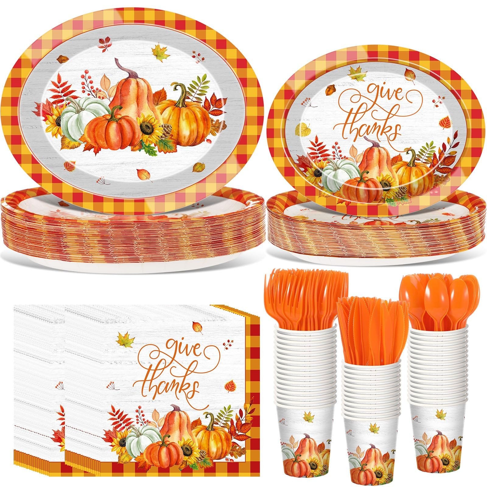 Thanksgiving pumpkin tableware set with plates, cups, napkins, and cutlery, featuring orange buffalo plaid and fall leaves.