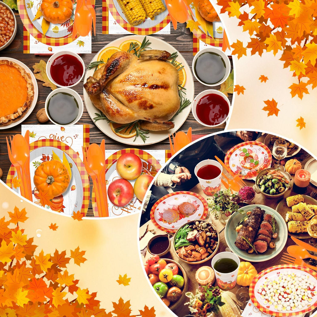 Thanksgiving dinner spread with a whole roasted chicken, pie, and tableware set for 50 guests.