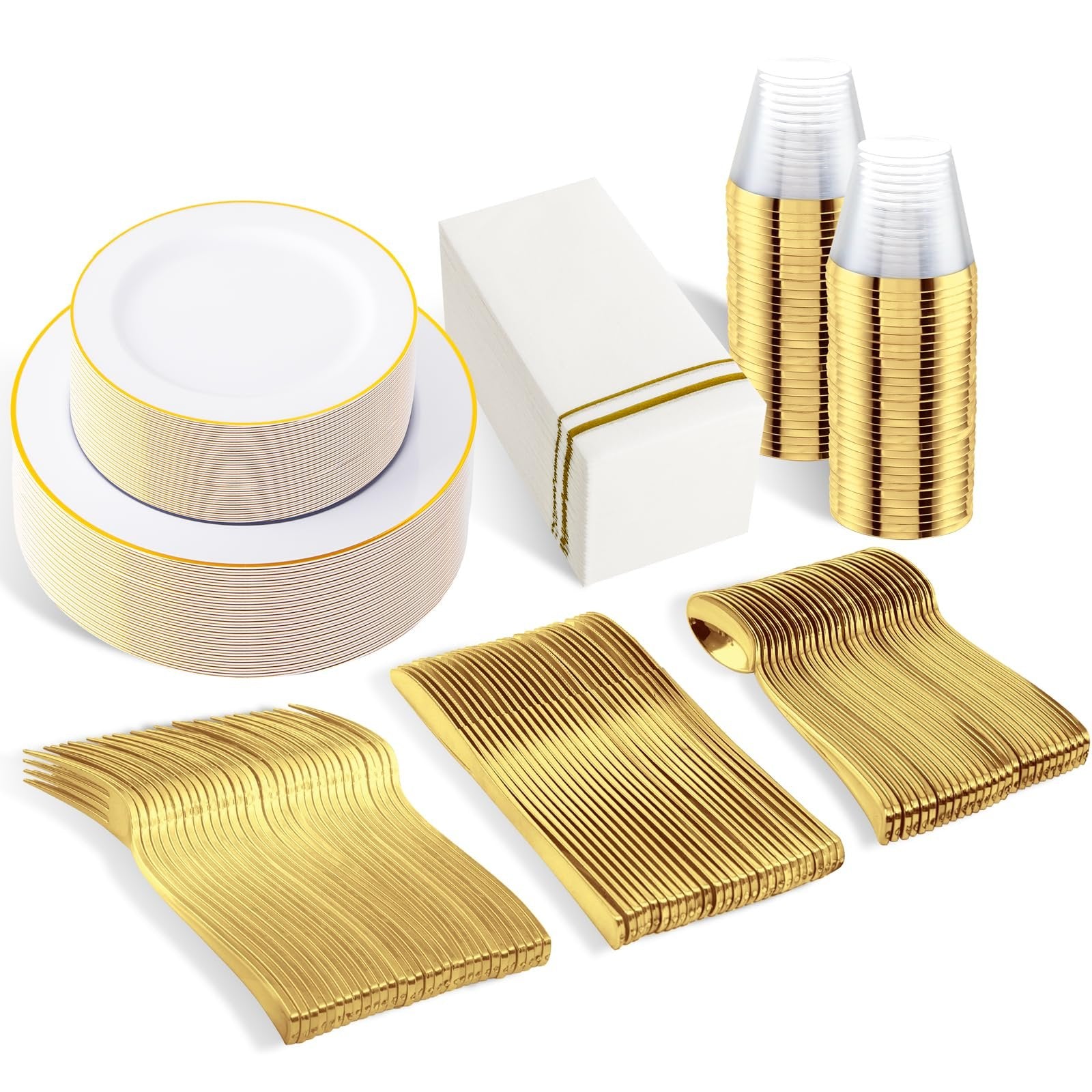 White and gold disposable dinnerware set including plates, cups, napkins, and cutlery arranged on a white background.