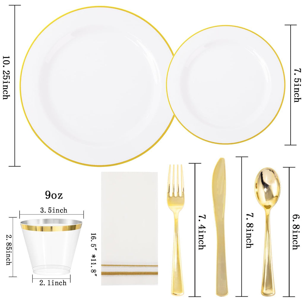 White and gold disposable dinnerware set including dinner plates, salad plates, cups, napkins, forks, knives, and spoons with size dimensions.