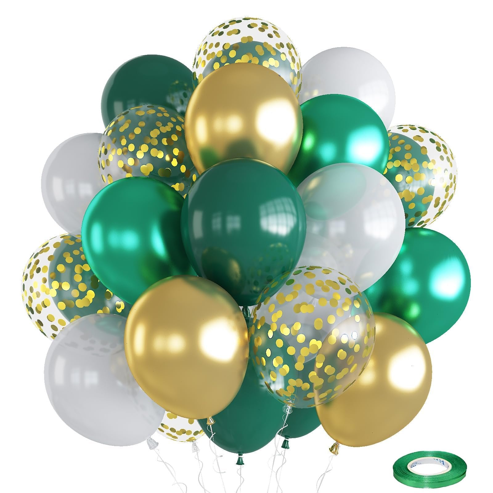 A bouquet of 12-inch latex balloons in dark green, gold, and white, some with gold confetti, and a roll of green ribbon.