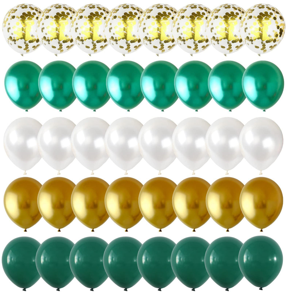 Assortment of 12-inch latex balloons in dark green, gold, white, and confetti styles arranged in rows.