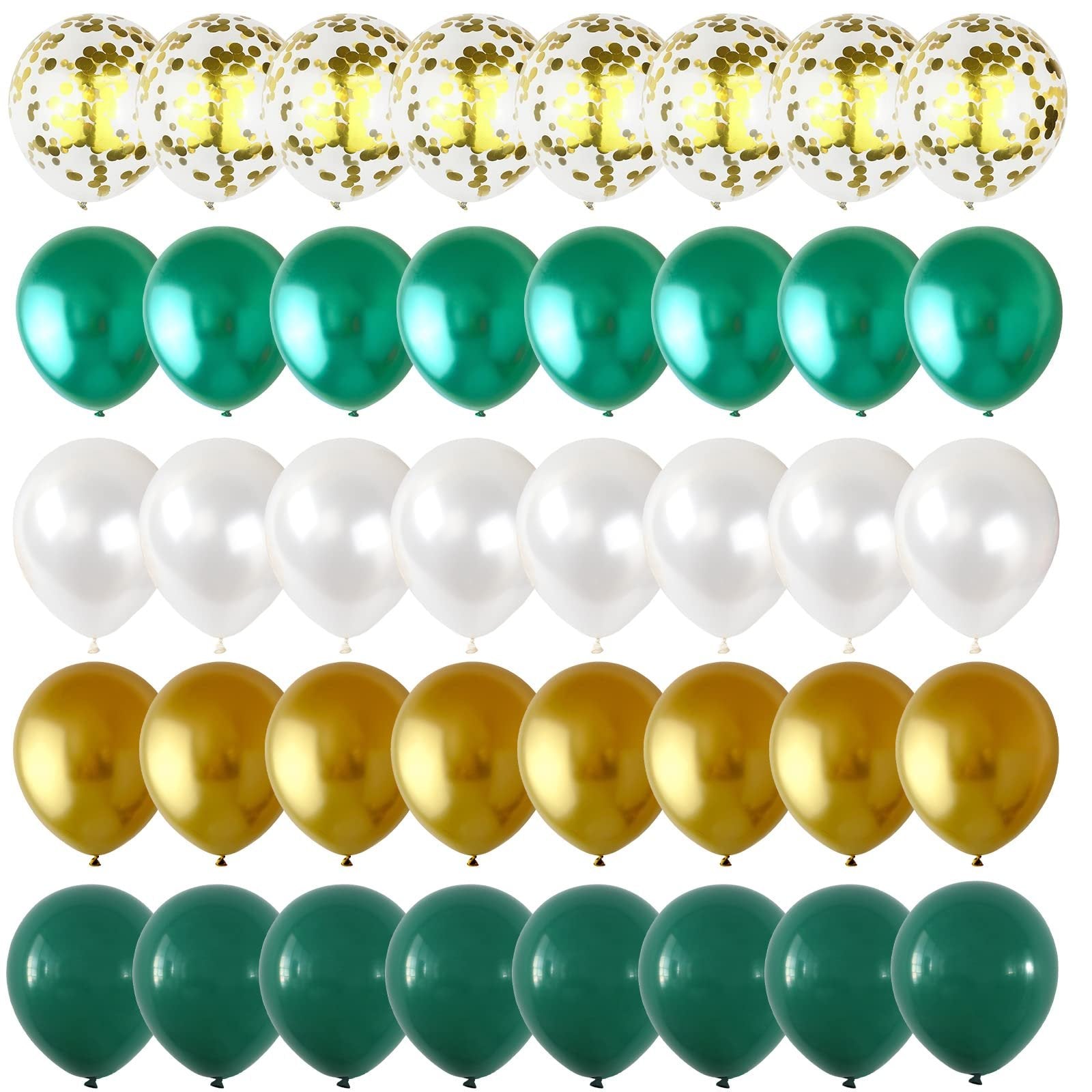 Assortment of 12-inch latex balloons in dark green, gold, white, and confetti styles arranged in rows.