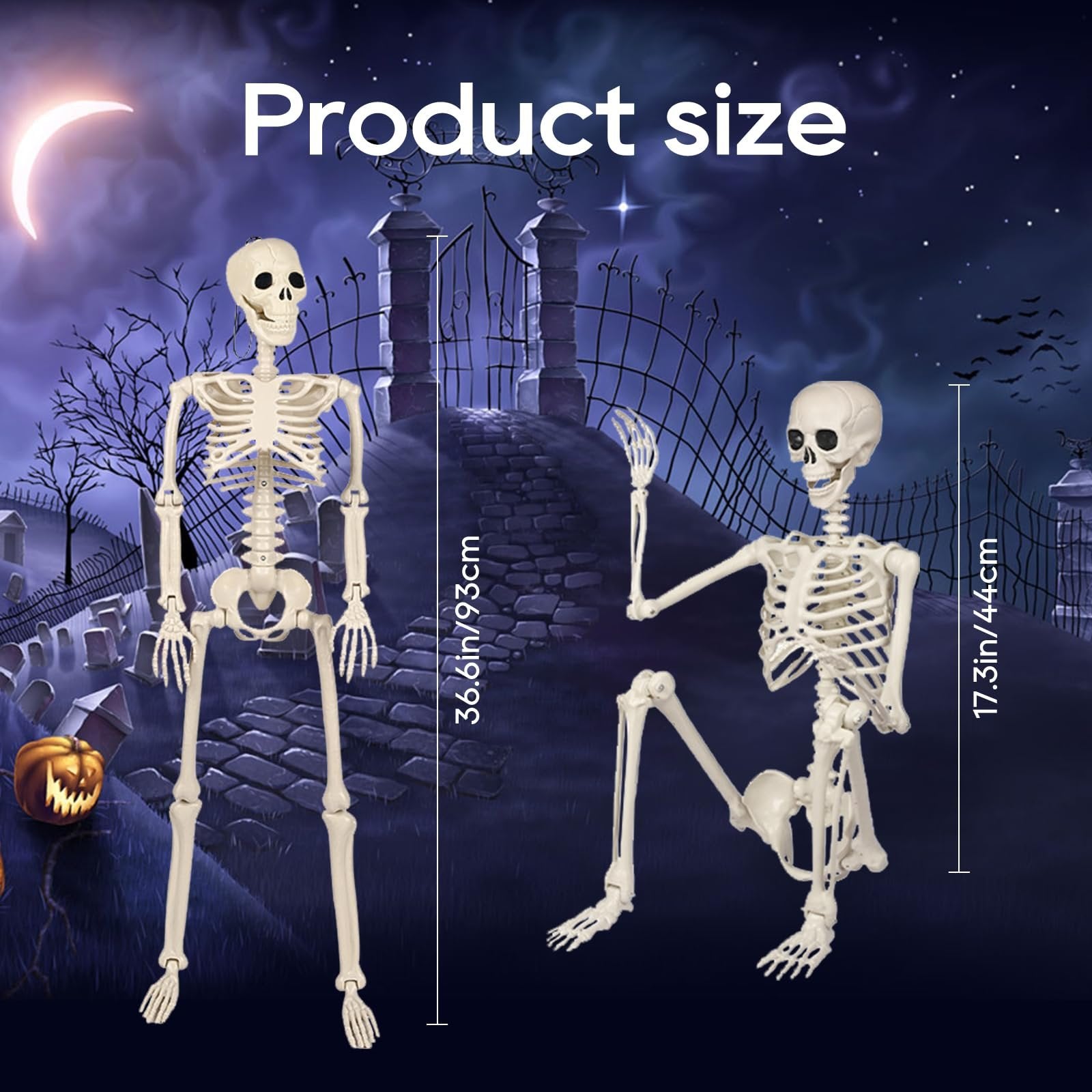 Two poseable plastic skeletons, one standing and one sitting, displayed in a spooky graveyard setting with a moon and jack-o'-lantern.
