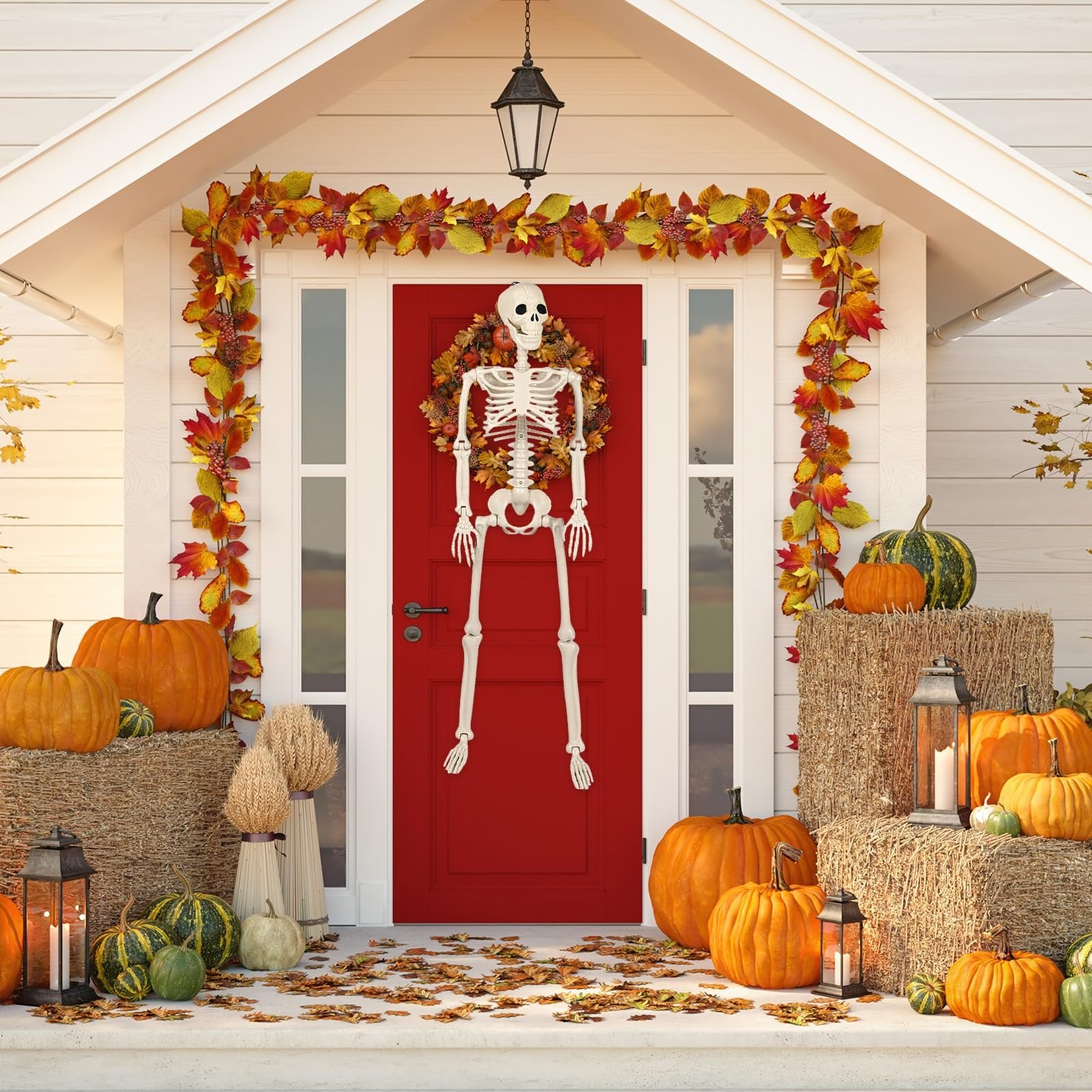 Poseable skeleton hanging on a red door with Halloween decorations including pumpkins and fall leaves