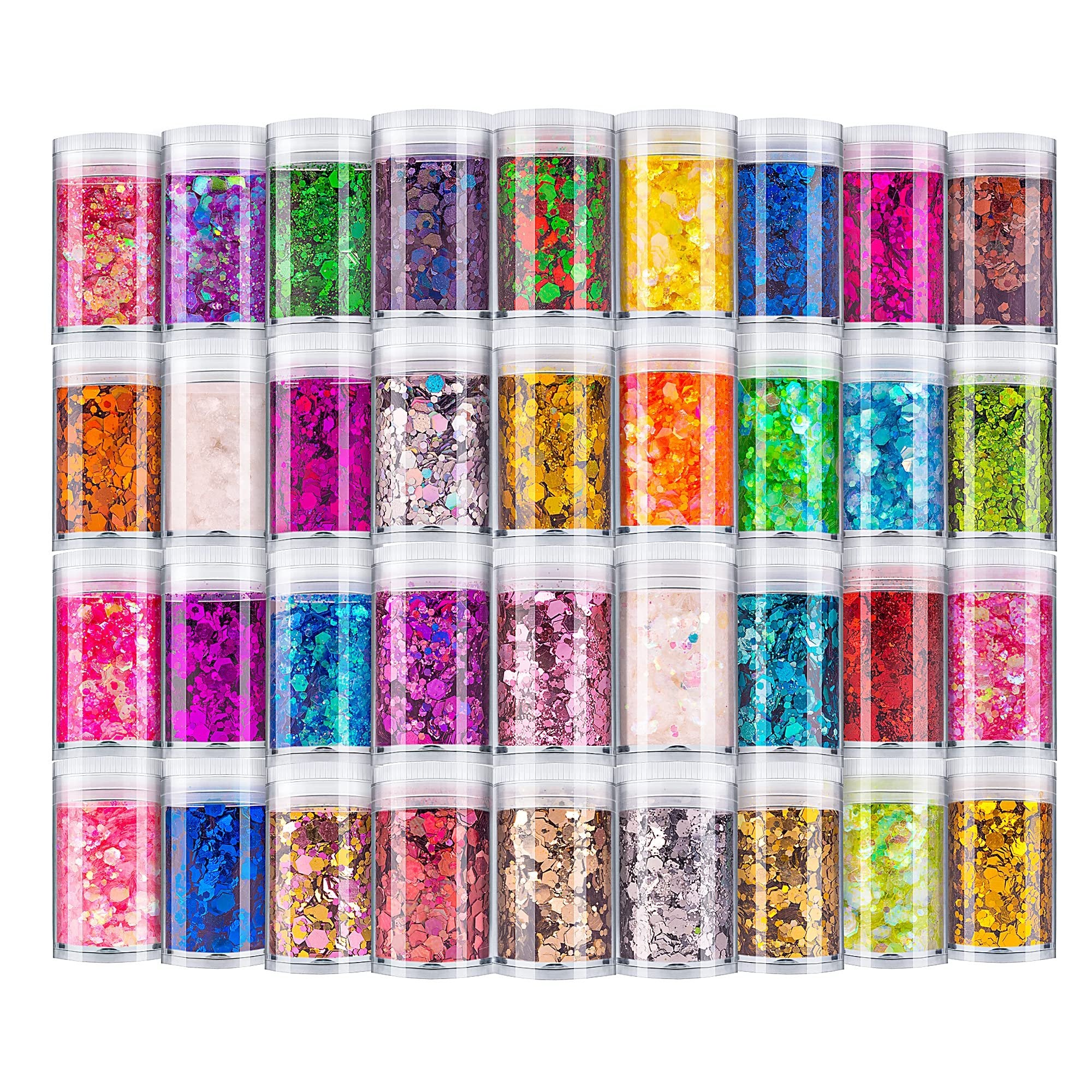 36 jars of chunky holographic glitter in various colors arranged in a grid on a white background.