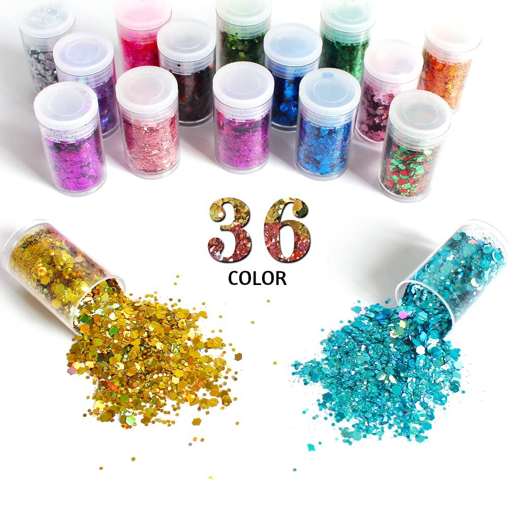 Set of 36 chunky glitter jars with spilled gold and teal glitter on a white background