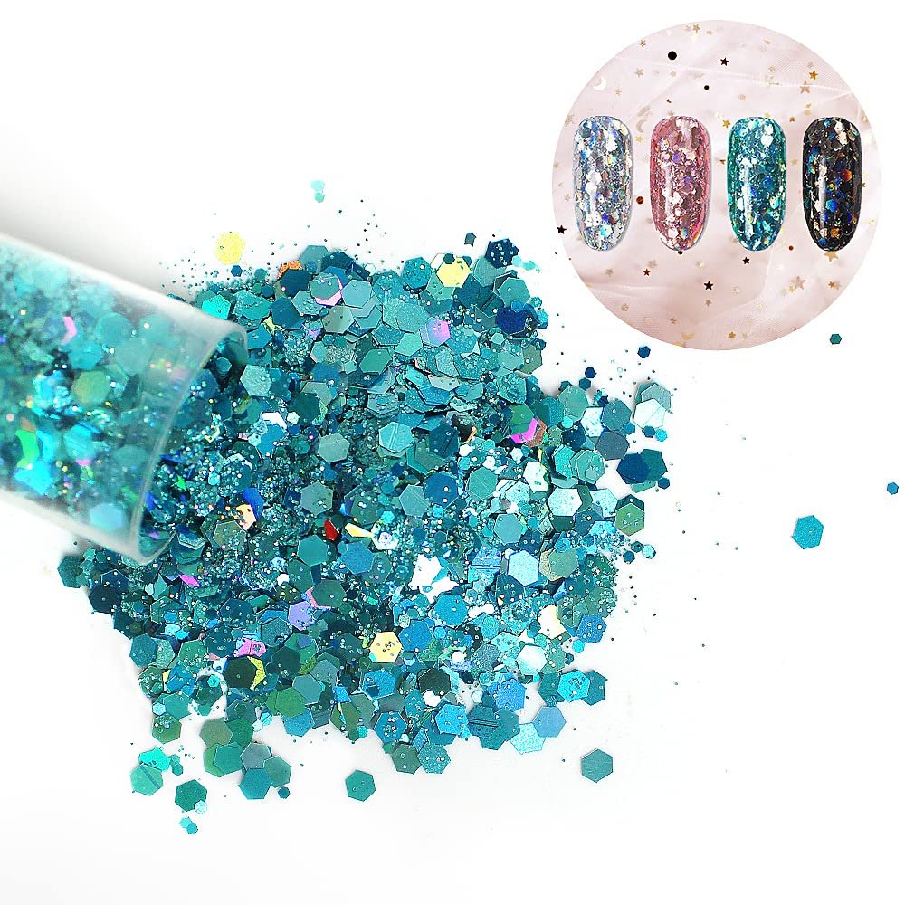 Chunky holographic glitter spilling from a clear tube onto a white surface, with a circular inset showing four swatches of glitter on nail tips.