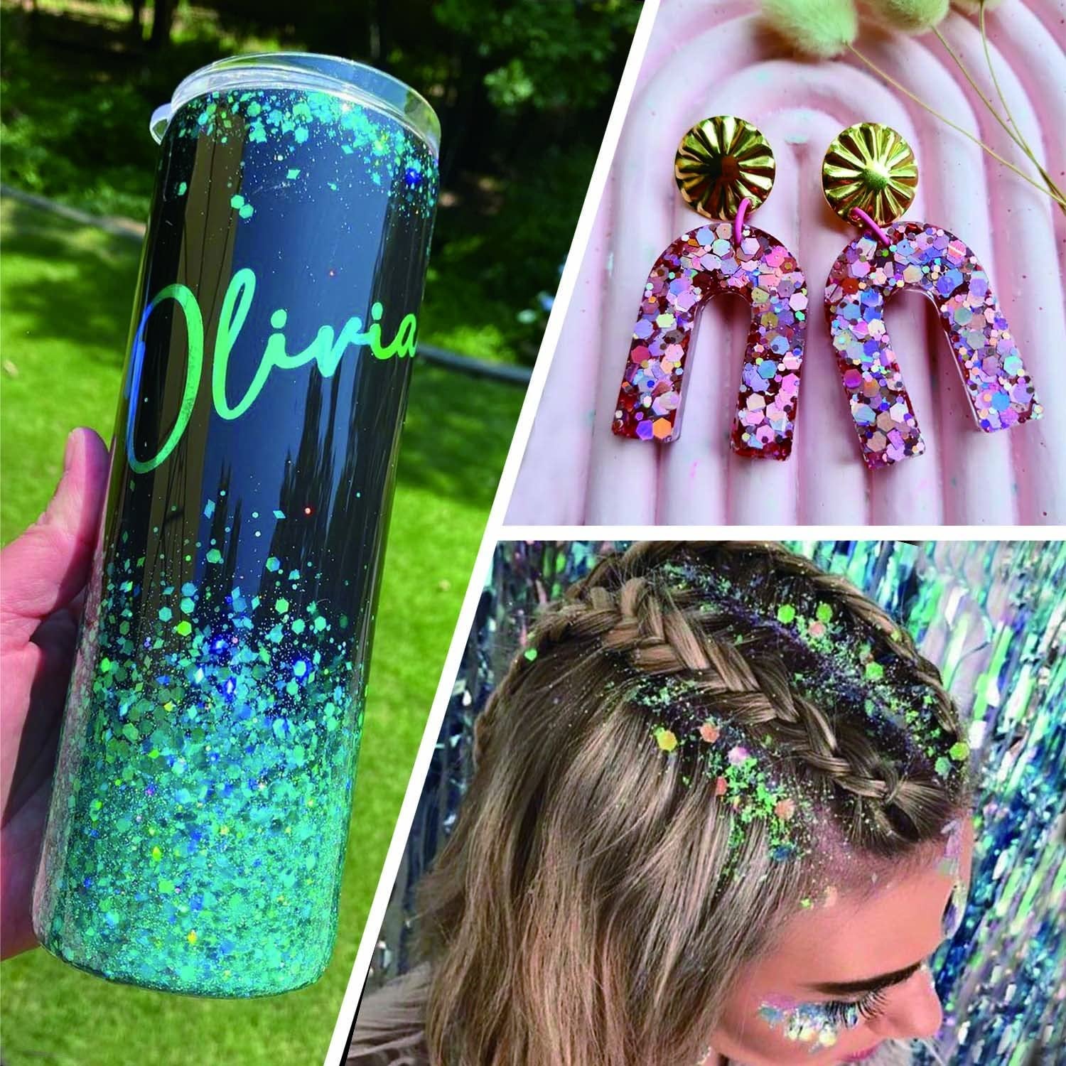 Collage of chunky glitter applications: personalized tumbler, glittery earrings, and glitter on hair and face