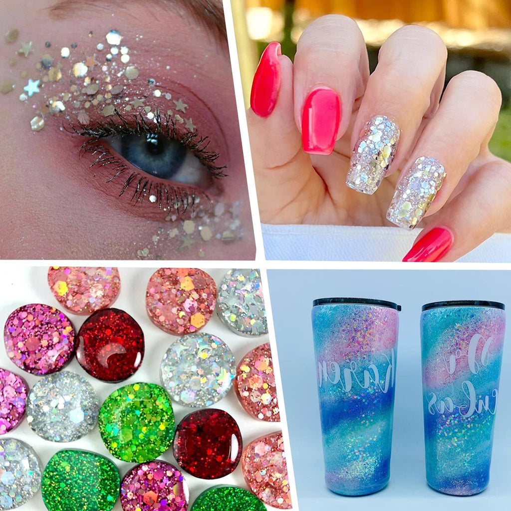 Collage of chunky glitter applications: eye makeup, nail art, resin crafts, and decorated tumblers.