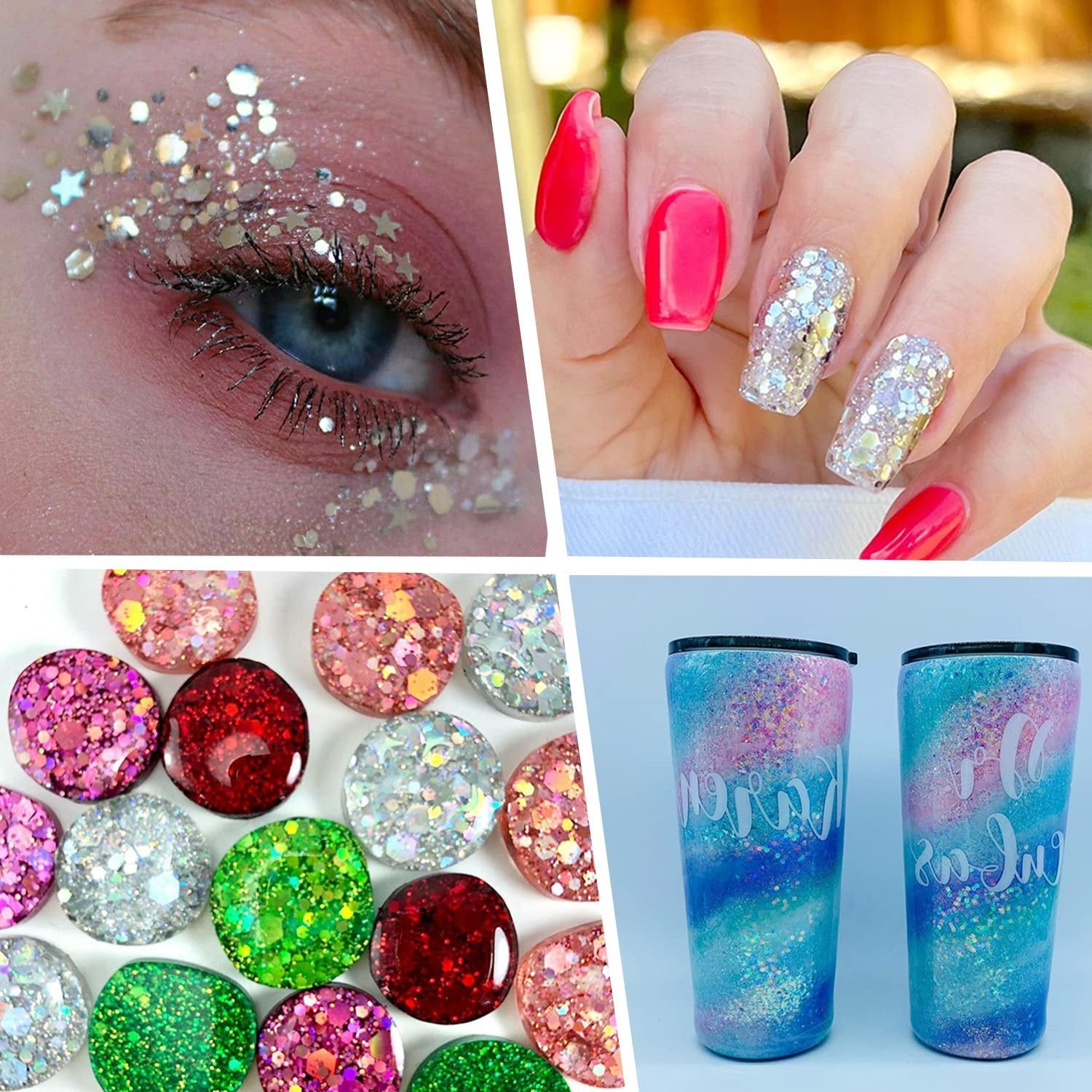 Collage of chunky glitter applications: eye makeup, nail art, resin crafts, and decorated tumblers.