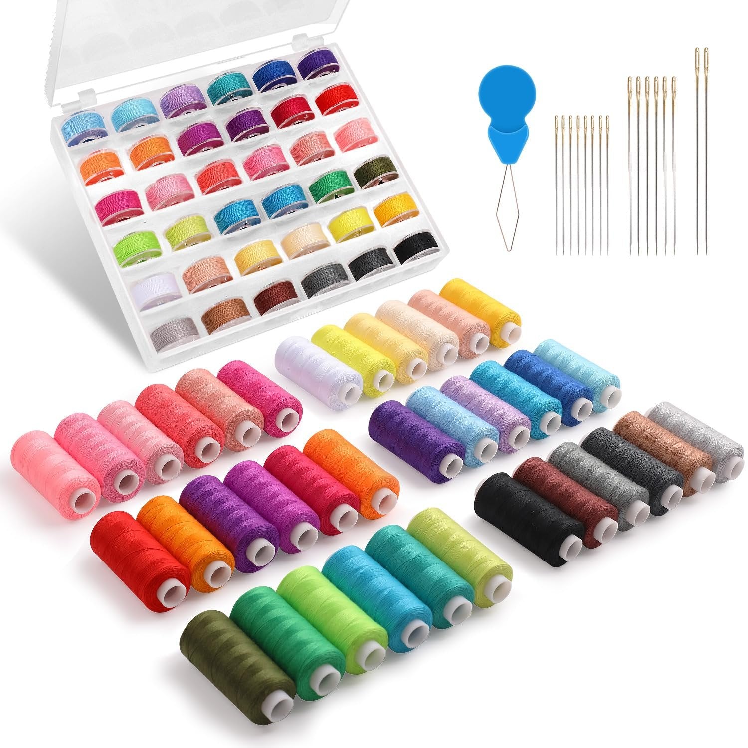 Sewing thread kit with 36 spools of colorful polyester thread, prewound bobbins, needles, and a threader.