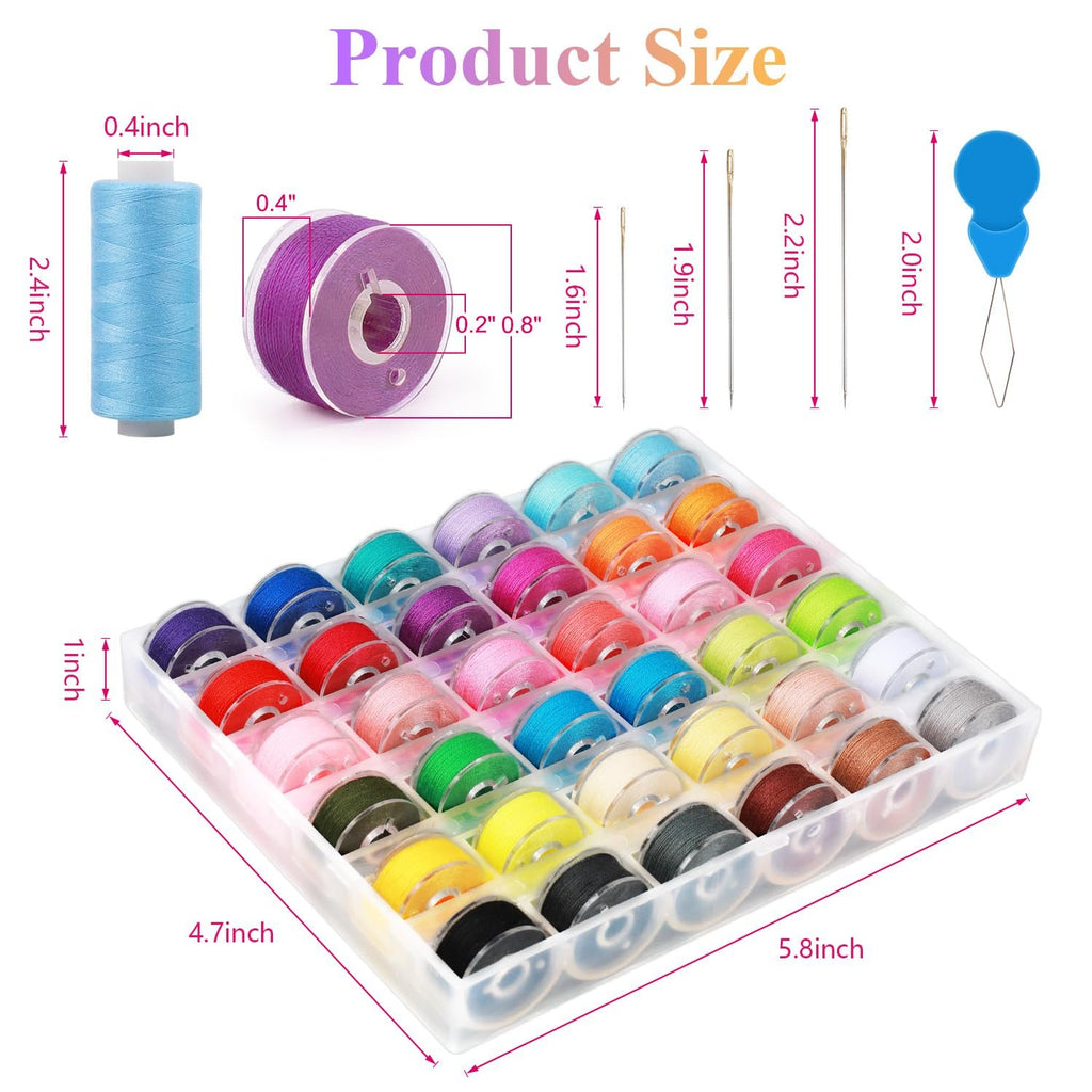 Sewing thread kit with spools, bobbins, needles, and threader, showing product dimensions.