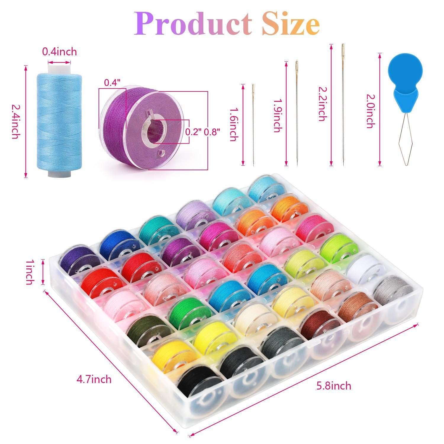 Sewing thread kit with spools, bobbins, needles, and threader, showing product dimensions.
