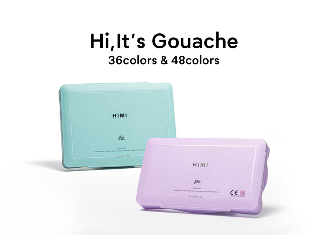 Two closed gouache paint cases, one teal and one lavender, with brand name visible.