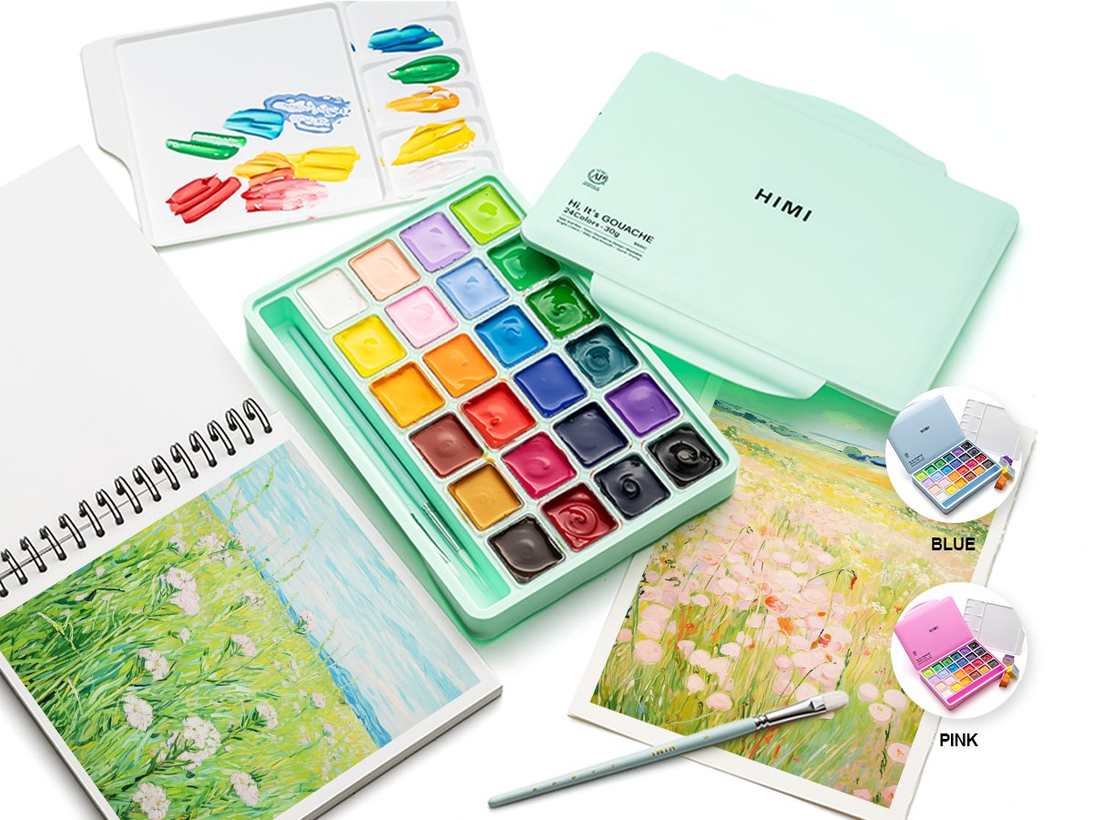 Twin cup gouache paint set with 24 colors, palette, brushes, and artwork on white background