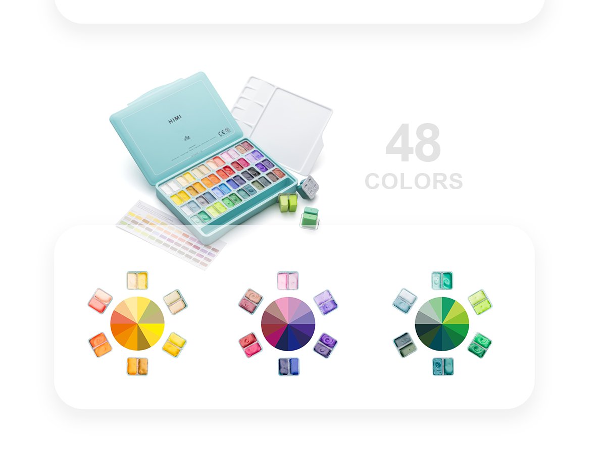 Open gouache paint set with 48 colors and color wheels showing paint swatches
