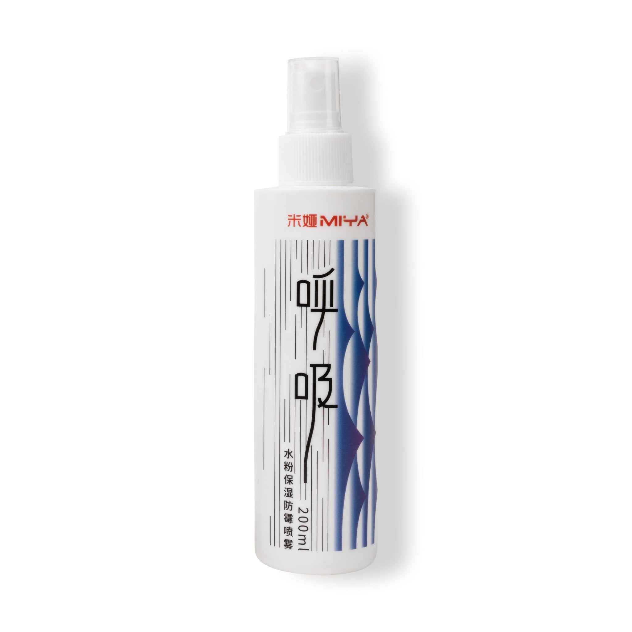 White spray bottle with red and black text and blue abstract design, showing brand name MIYA and volume 200ml.