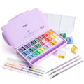 36-color jelly gouache paint set in a purple case with three brushes and a color chart