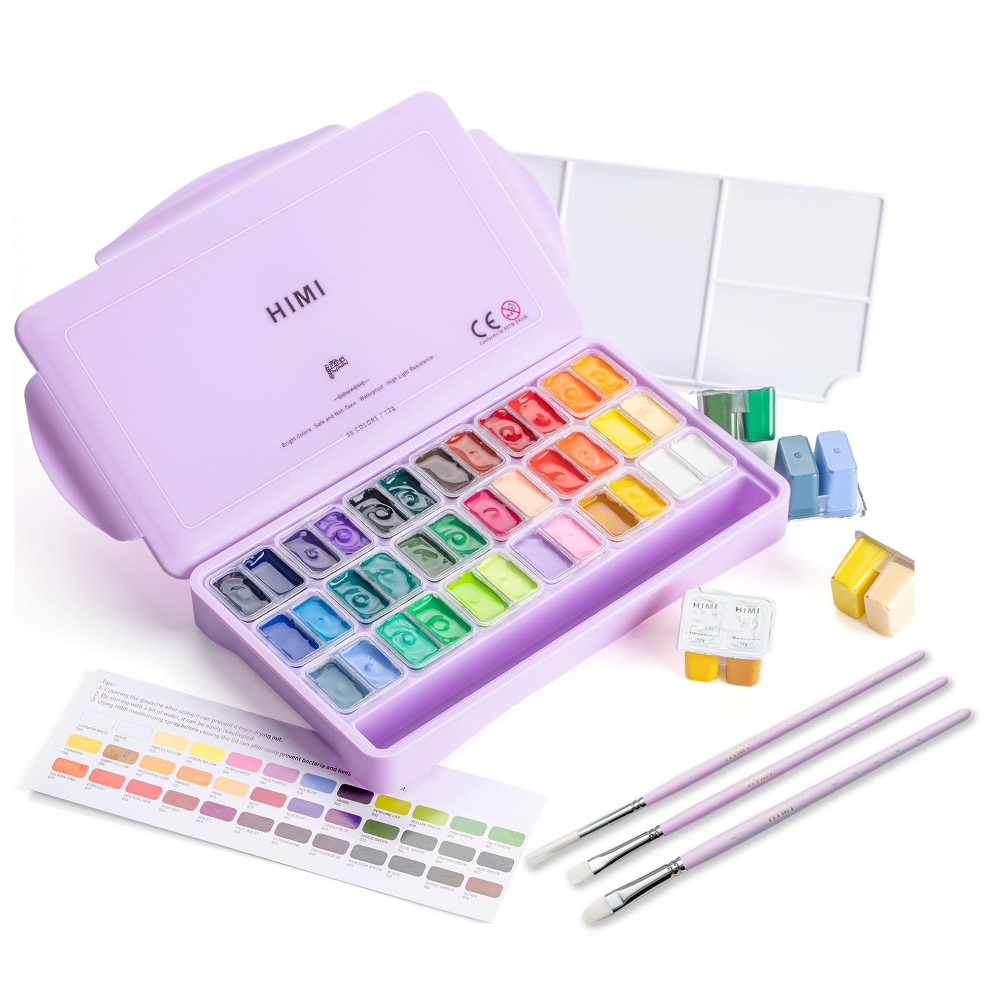 36-color jelly gouache paint set in a purple case with three brushes and a color chart