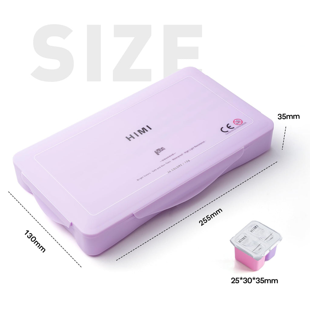 Purple gouache paint set case with dimensions labeled, and a single twin-cup paint pod shown separately.