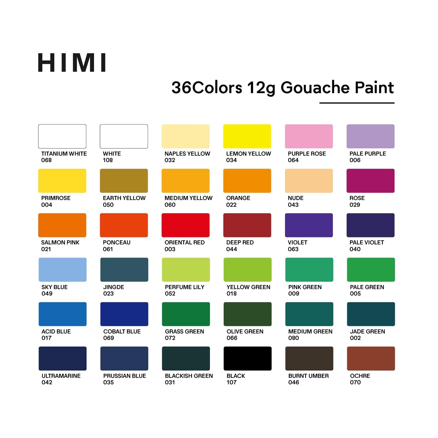 Color chart showing 36 shades of gouache paint with names and numbers, including logo.