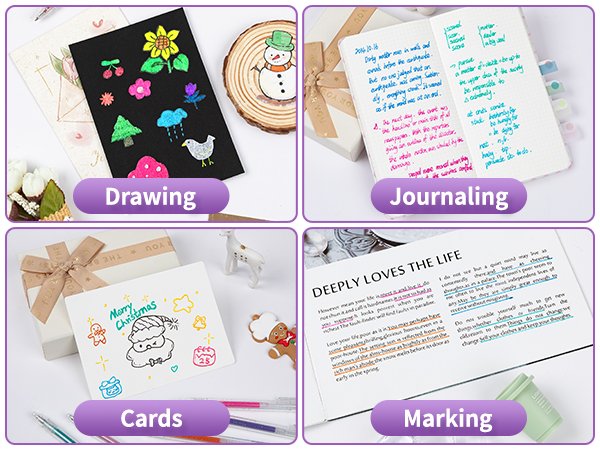 Collage of four images showing glitter gel pens used for drawing, journaling, cards, and marking text.