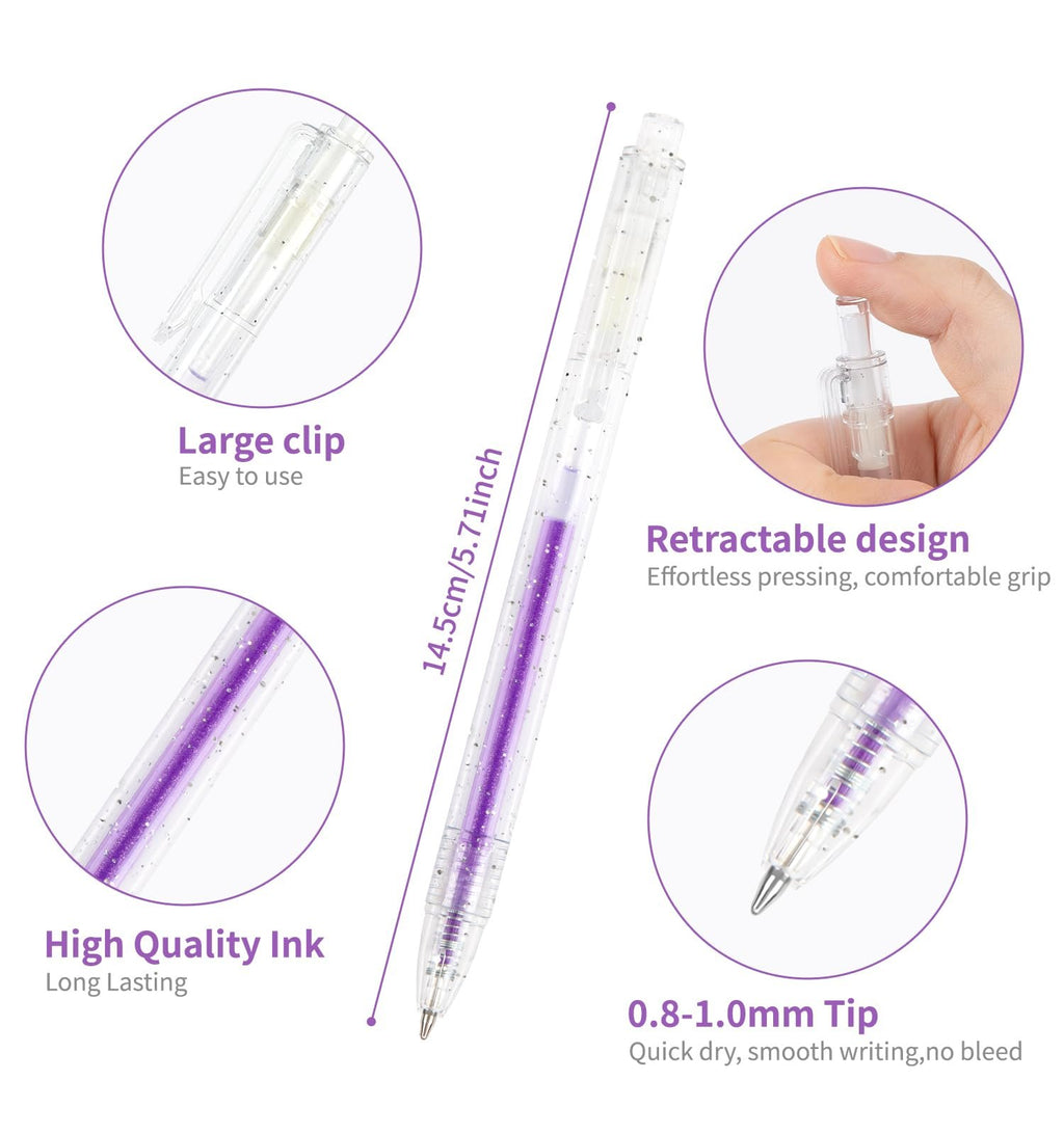 Clear retractable glitter gel pen with purple ink, showing close-ups of the clip, tip, and ink reservoir.