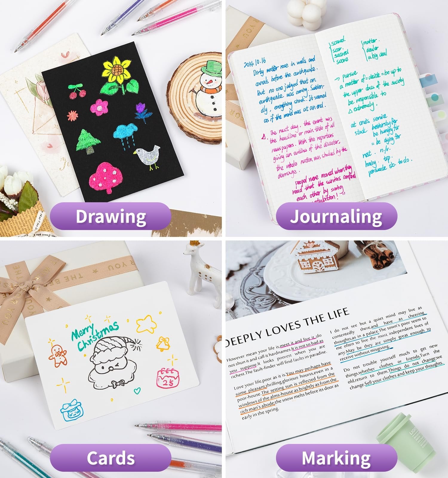 Collage of four images showing glitter gel pens, drawings, journaling, and cards with festive drawings.