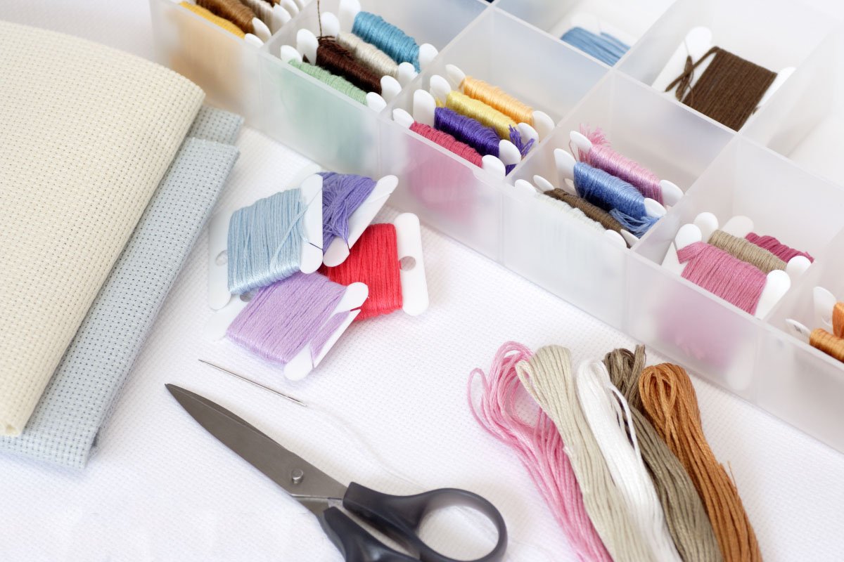 Embroidery floss organizer box filled with colorful threads, fabric, scissors, and a needle on a white surface.