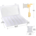 Embroidery floss organizer box with dimensions shown, next to a winder and bobbins with dimensions.