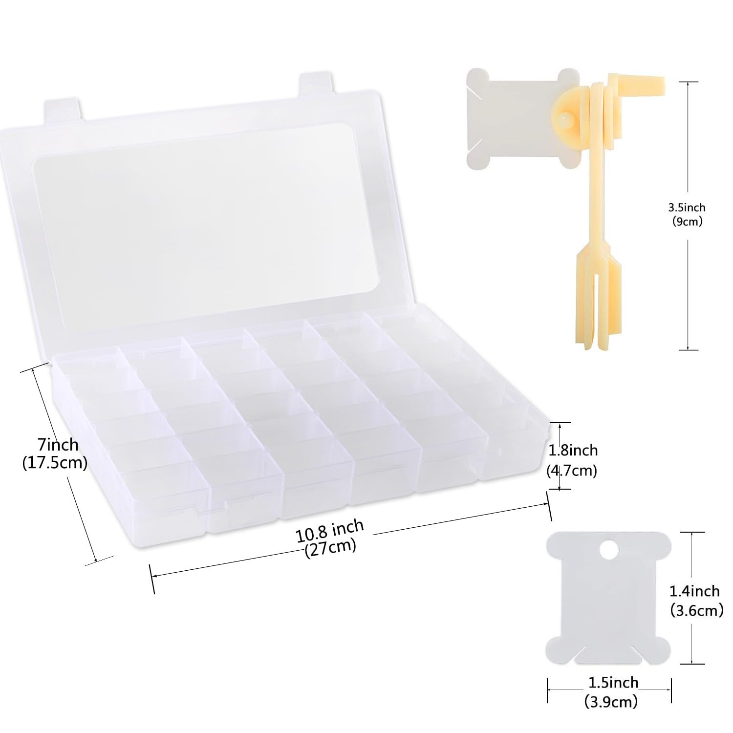 Embroidery floss organizer box with dimensions shown, next to a winder and bobbins with dimensions.