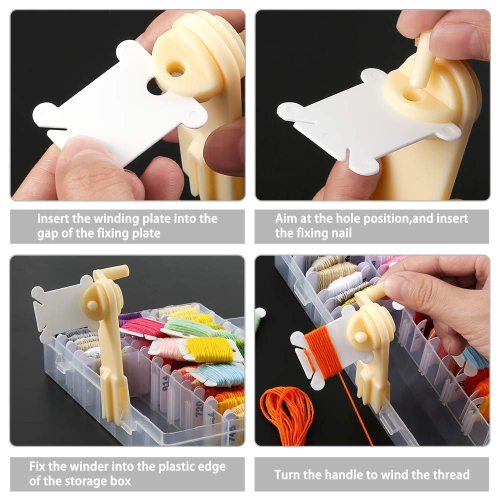 Four-panel image showing how to use a thread winder with an embroidery floss organizer box.